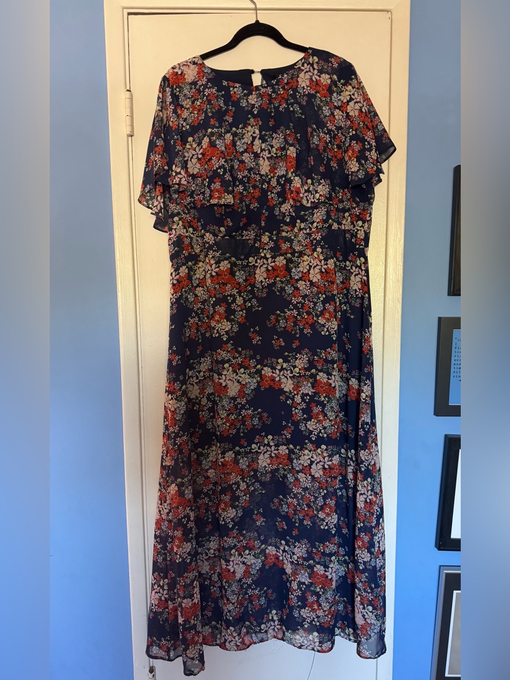 Simply Be floral navy orange white boho maxi dress ruffle US 18 UK 22 gently use